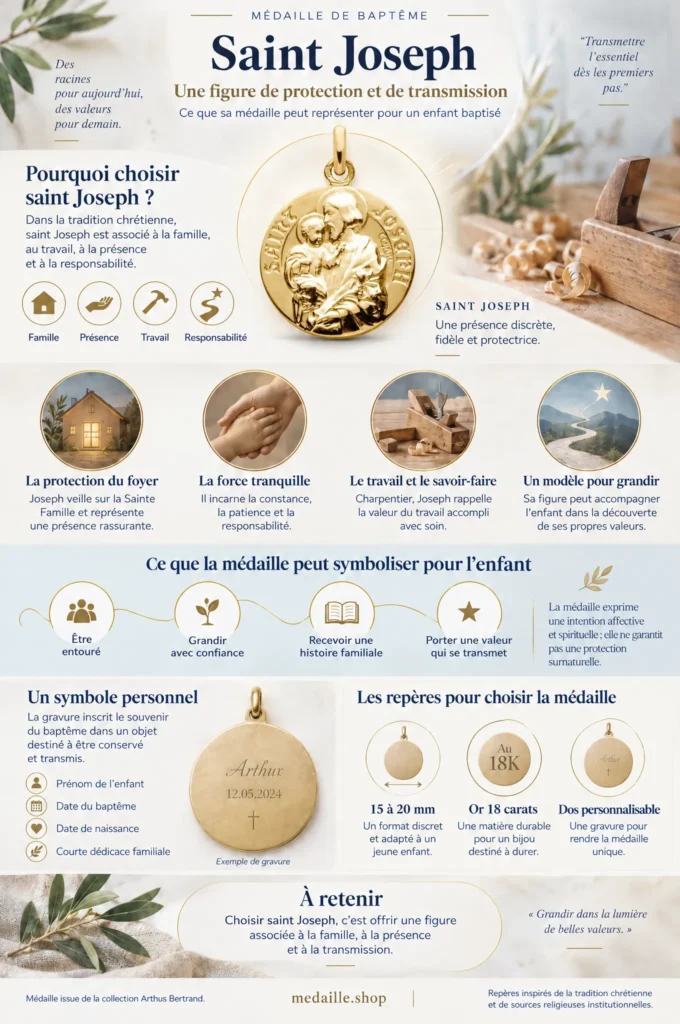 Infographie sur la médaille de baptême de saint Joseph signée Arthus Bertrand