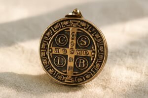 découvrez la signification des inscriptions et des symboles présents sur la médaille de saint benoît, un objet chargé d'histoire et de spiritualité.