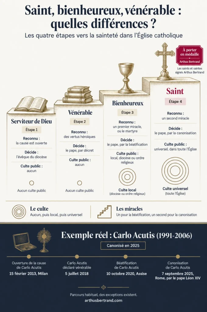 Infographie des différences entre saint, bienheureux et vénérable, proposée avec Arthus Bertrand